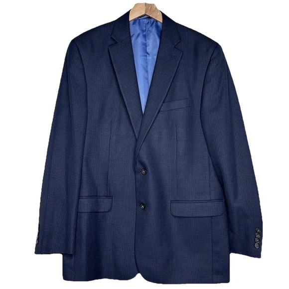 Chaps Men's 44L Two Button Blue Blazer Glen Check Plaid Sport Coat Preppy Office - Picture 1 of 5